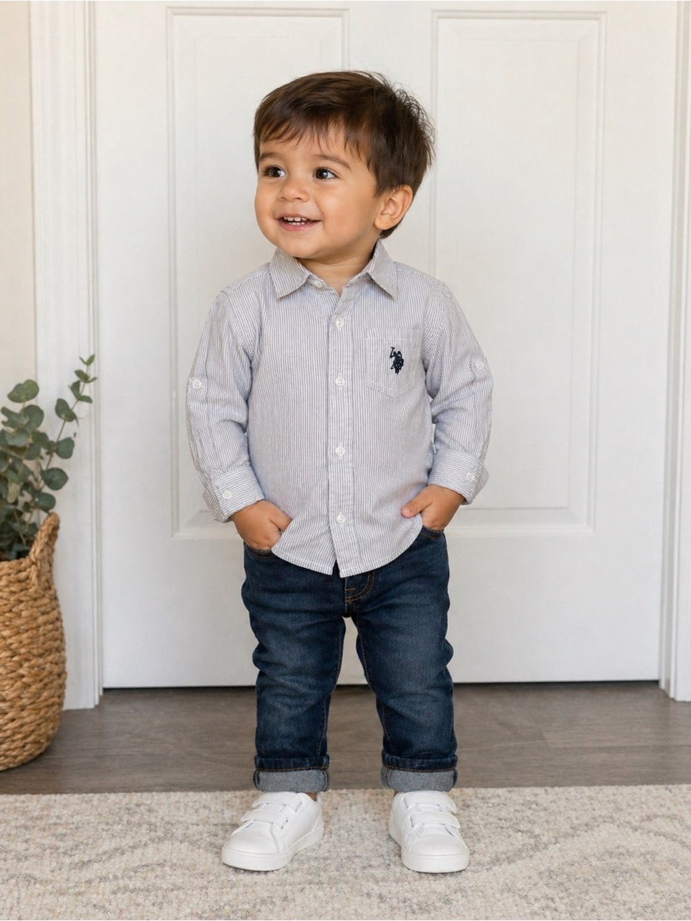 U.S. Polo Assn. Boys 24M Gray Striped Button Down Shirt Preppy Classic